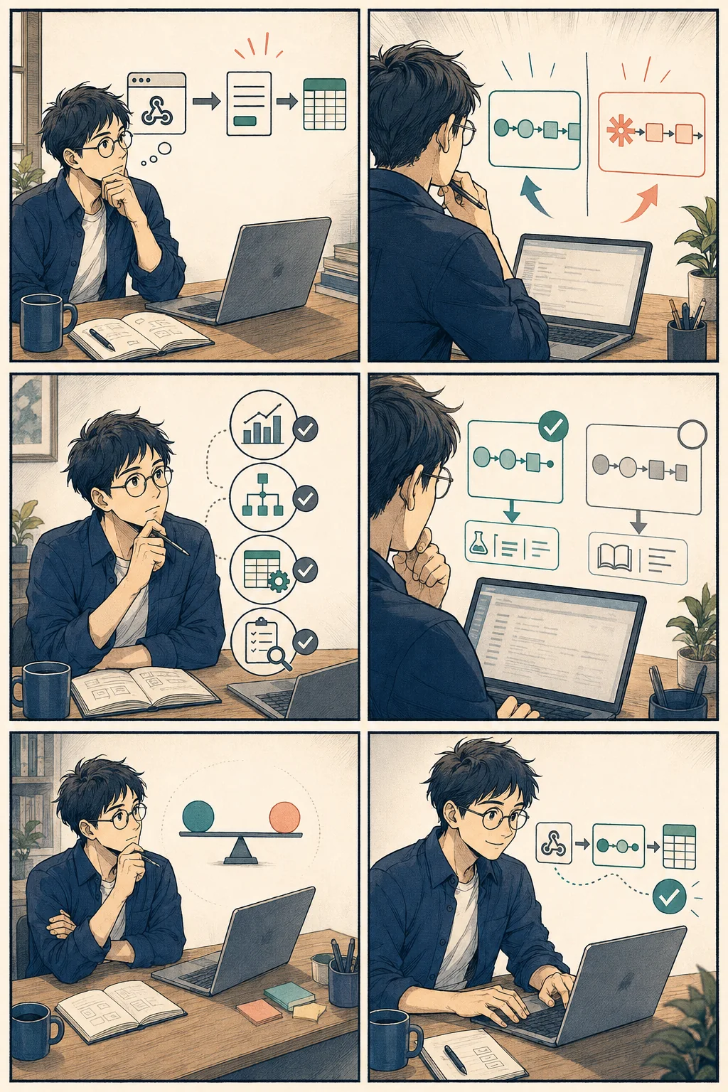 Fictional operator compares two automation options and checks a bounded workflow before choosing.