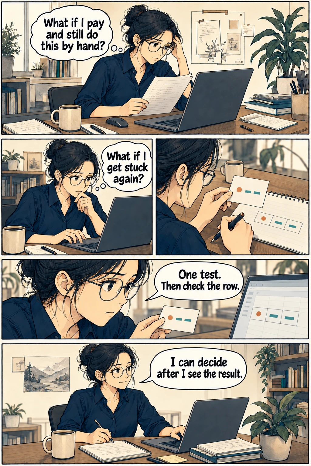 Fictional operator holds a response sheet at her laptop, her other hand against her temple.