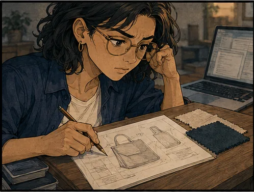 She studies two fabric samples and marks a choice on a custom-order sketch.
