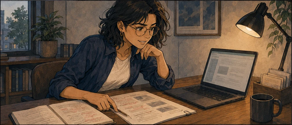 A fictional small-business operator reviews a promising draft at a desk.
