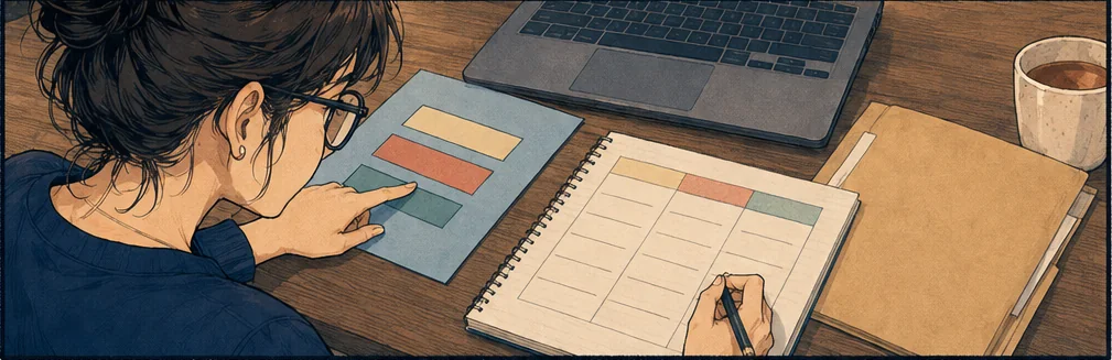 She points from the blue form to the first recorded worksheet.